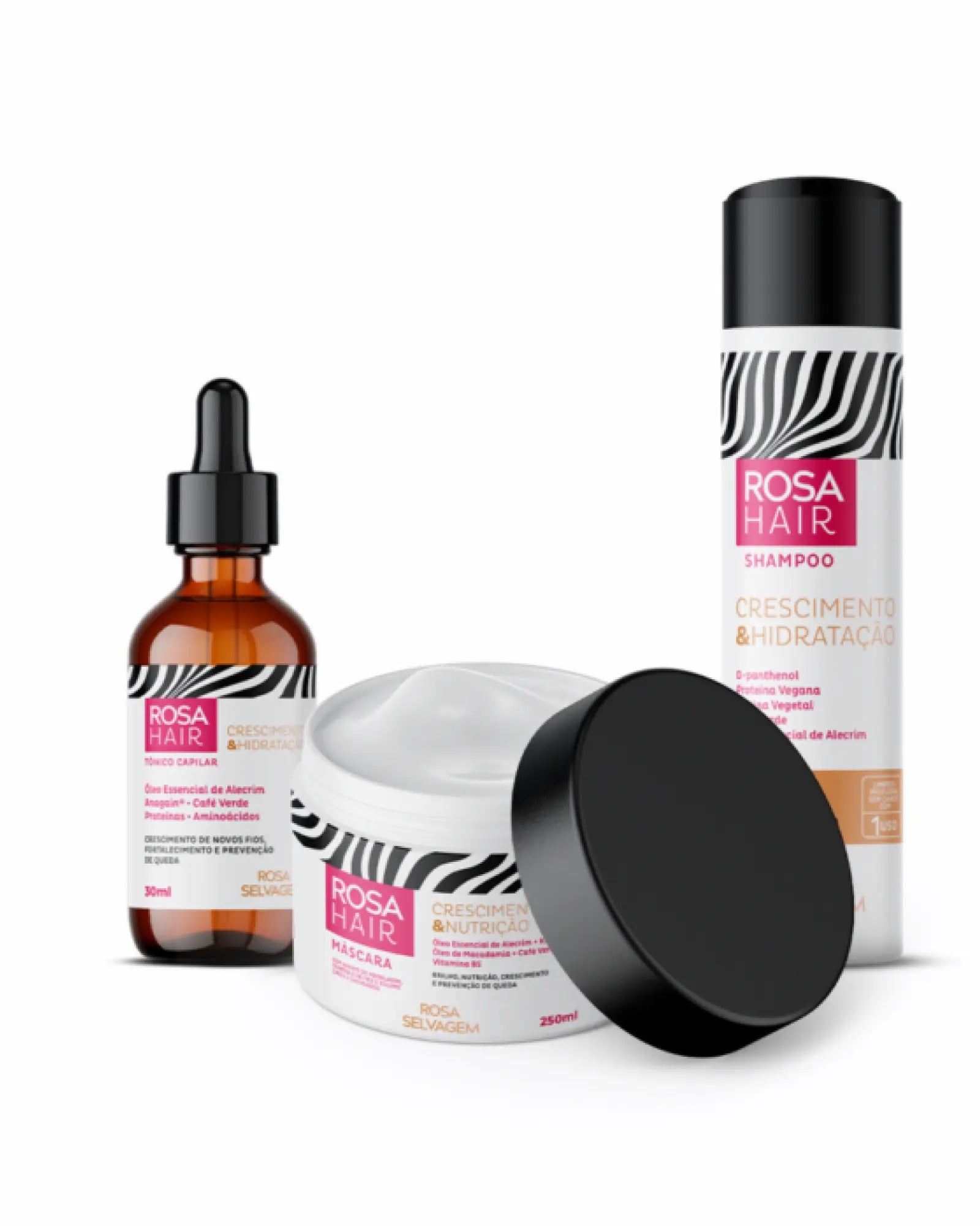 Kit Rosa Hair Crescimento Capilar: Shampoo + Máscara + Tônico + Óleo