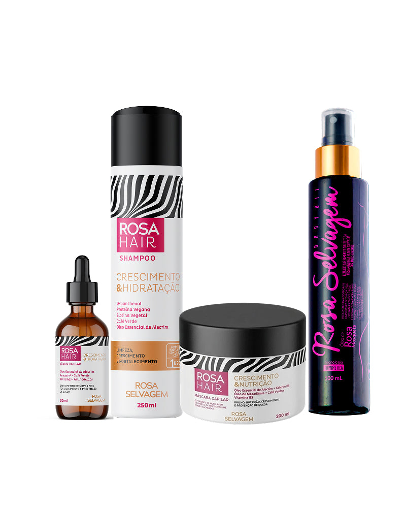 Kit Rosa Hair Crescimento Capilar: Shampoo + Máscara + Tônico + Óleo